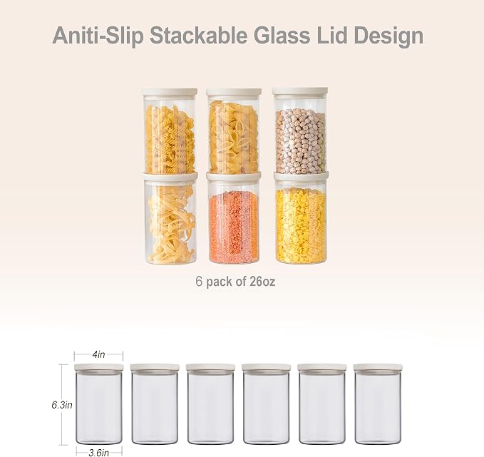 Glass Food Storage Jar with Glass Lid, Food Canister Set with Airtight Lids, Pantry Jar for Kitchen Organization. Food Storage Container Set in 6 pack of 26oz
