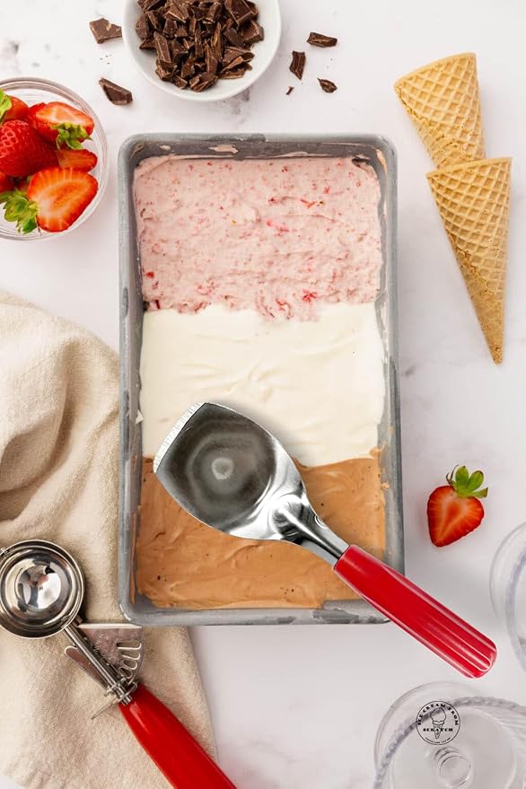 Durable Ice Cream Spade Scoop with Easy Dig Sharp Edge for Hard Ice cream, Stainless Steel Flat Ice Cream Paddle with Non-Slip Grip Handle,Red