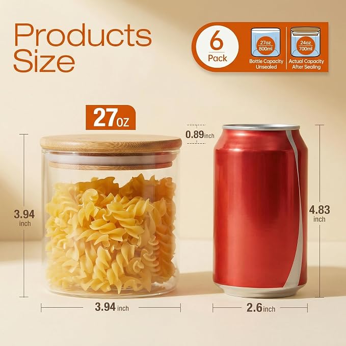 27 oz Glass Jars with Bamboo Lids, Airtight Food Storage Containers, 6 Pack | Pantry Jars for Pasta, Rice, Sugar & Flour, Durable Borosilicate Glass Canisters Keep Food Dry & Fresh, Easy to Fill & Clean