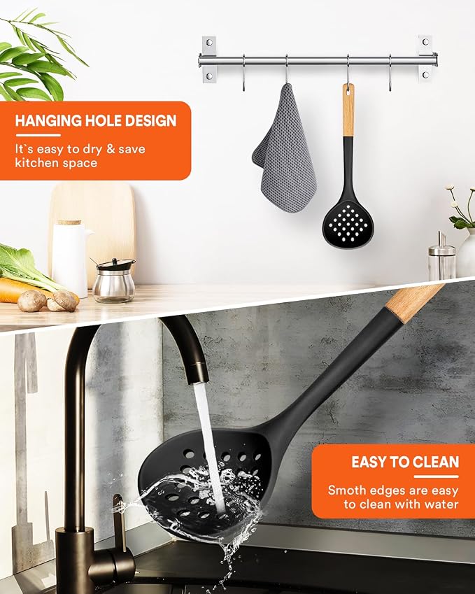 Kitchen Ladle Strainer, Large Slotted Spoon with High Heat Resistant BPA Free, Non Stick Cooking Skimmers For Draining & Frying, 13.2inch (Black)