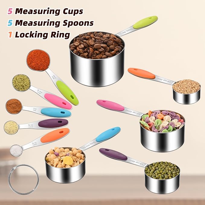 10-Piece Measuring Cups and Spoons Set, 304 Stainless Steel with Color-Coded Handles, Engraved Markings Never Fade, Plastic Free, Dishwasher Safe, Includes 1/8 Cup & 1/4 Tsp
