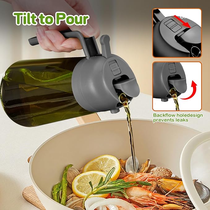 YARRAMATE 16oz/470ml Dark Green Oil Sprayer for Cooking with Stickers, Food-grade Premium 2 in 1 Olive Oil Dispenser Bottle for Kitchen Gadgets, Air Fryer, Salad, Frying, BBQ (Grey)