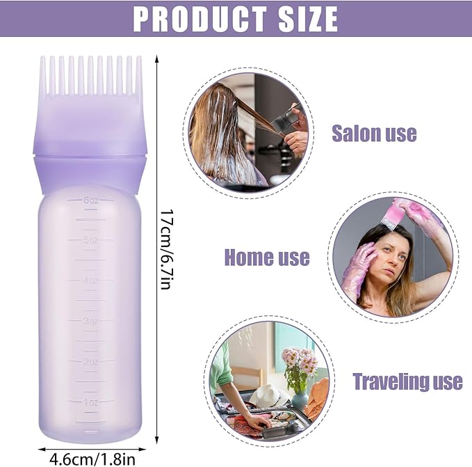 Pimoys 6Oz Root Comb Hair Dye Oil Applicator Bottles for Scalp, Purple | Plastic Squeeze Bottle Dispenser with Graduated Scale, Comb Tip Applicator For Hair Coloring Scalp Oiling, Home Salon Use