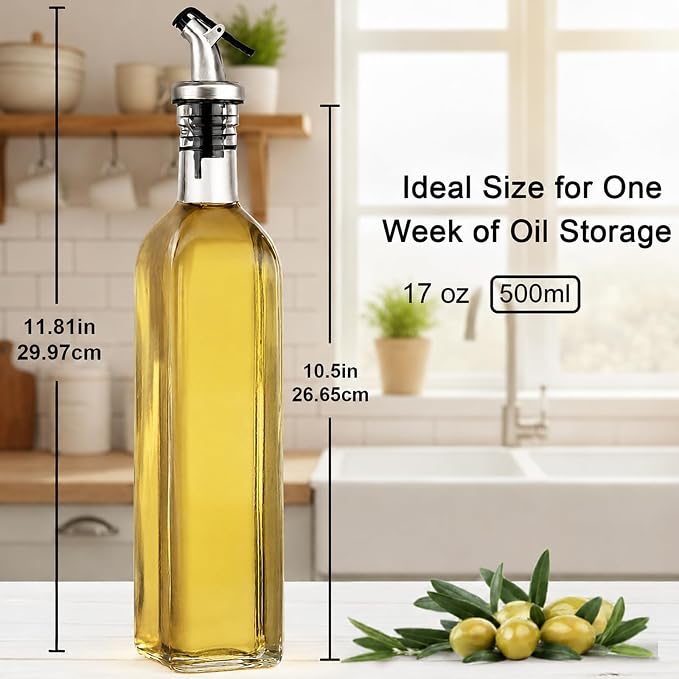 WERTIOO Oil Bottles for Kitchen 3 Pack, 17oz Oil and Vinegar Dispenser Set | 500ml Olive Oil Dispenser Bottle for Kitchen, with 3 Plastic Pourer, 1 Stainless Steel Funnel, Pen and Label