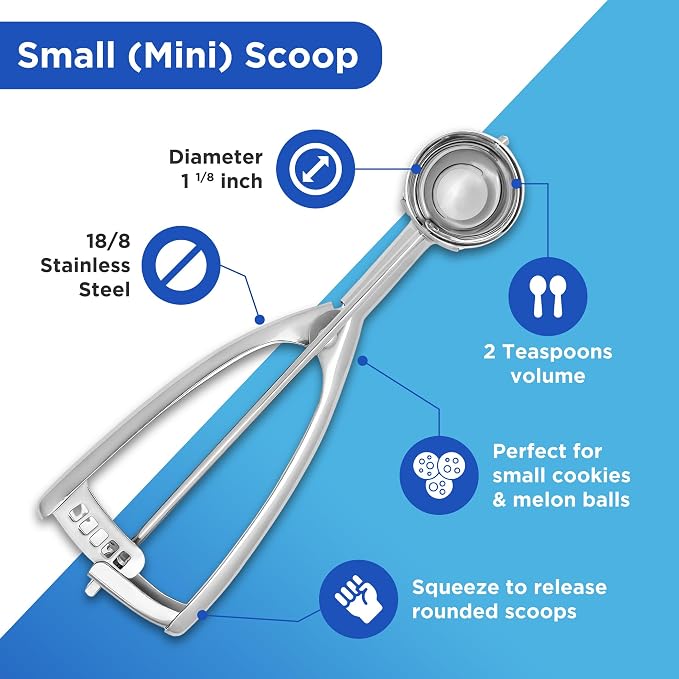 Jenaluca Small Cookie Scoop, 18/8 Stainless Steel, 2 Tsp, Size #100 | Disher for cookies, chocolate chip dough & melon balls. Squeeze-release handle. Right and left handed. Dishwasher safe.