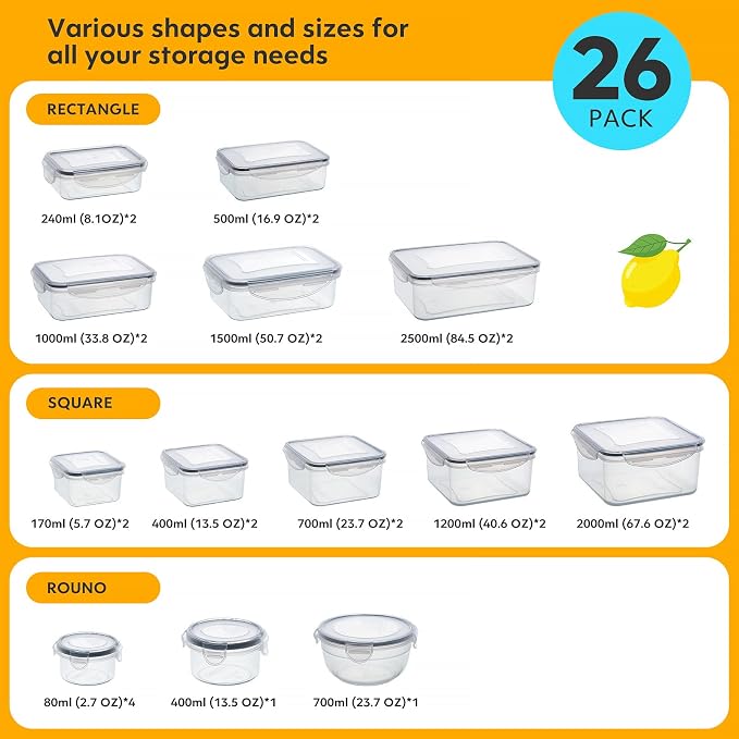 52 PCS Food Storage Containers Set with Airtight Lids (26 Lids &26 Containers) - BPA-Free Plastic Food Container for Kitchen Storage Organization, Salad Fruit Lunch Containers with Labels & Marker | (26 Lids &26 Containers) Food Container for Kitchen S...