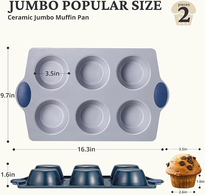 BRONYPRO 2-Pack 6-Cup Non Toxic Nonstick Ceramic Jumbo Muffin Pan & Cupcake Tin, PFOA & PFOA Free, Rust-Resistant Aluminized Steel, Oven Safe, Blue