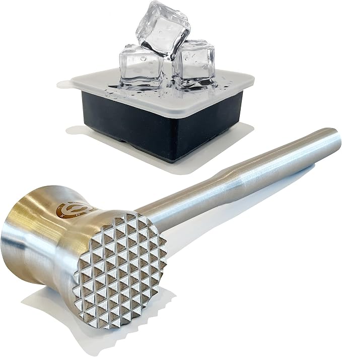 Stainless Steel Meat Tenderizer Tools, Heavy Duty Kitchen Meat Hammer with a 4-hole Silicone Ice Box,Meat Mallet Meat Pounder Waisted Model Designed For Steak, Chicken, Beef, Pork, Nuts