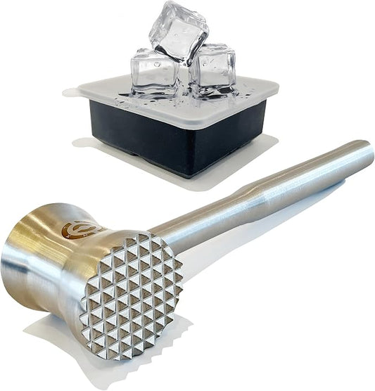 Stainless Steel Meat Tenderizer Tools, Heavy Duty Kitchen Meat Hammer with a 4-hole Silicone Ice Box,Meat Mallet Meat Pounder Waisted Model Designed For Steak, Chicken, Beef, Pork, Nuts