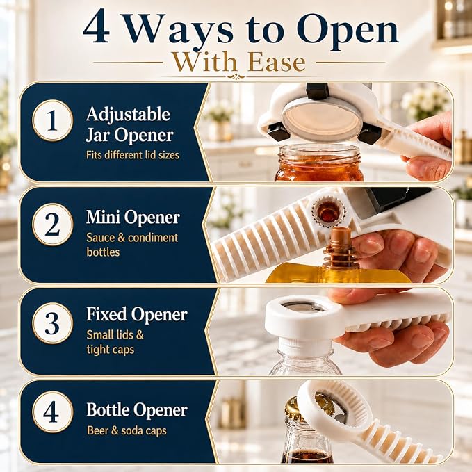 Jar Opener for Seniors with Arthritis & Weak Hands, 4-in-1 Adjustable Lid & Bottle Opener Set with Non-Slip Silicone Grip Pad & Stainless Steel Hook, Easy Twist Kitchen Gadget for Elderly (Grey)