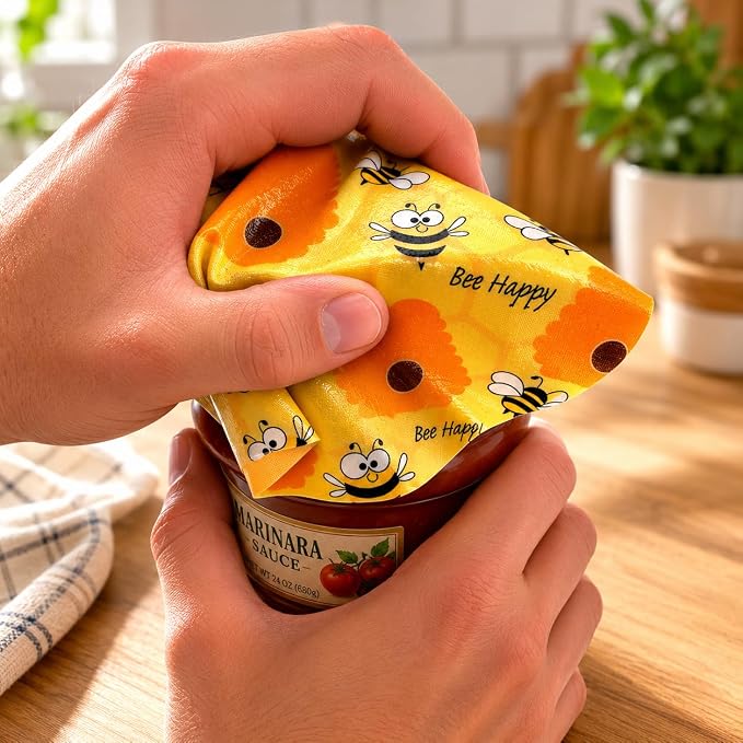 Andreas Silicone Jar Opener, Bee Happy – 6.25" Non-Slip Lid Gripper & Garlic Peeler, Dishwasher Safe, Multi-Use, Durable Silicone & Fabric, Made in the USA, JO-373