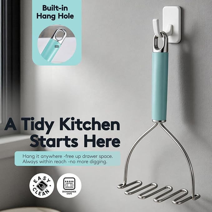 Potato Masher, 10.2 Inch Heavy Duty Stainless Steel Wire Build, Ergonomic Handle, Reinforced Durable Design for Effortless Mashing, Food Grade Dishwasher Safe Kitchen Tool, Blue