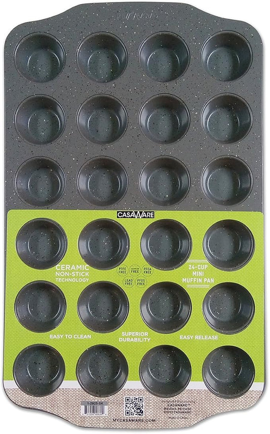 casaWare Mini Muffin Pan 24 Cup Ceramic Coated Non-Stick (Silver Granite)