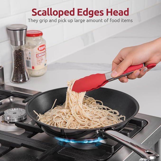 600ºF Heat Resistant Kitchen Tong: U-Taste 7 inch Silicone Cooking Tong with Firm Sealed Non Stick Rubber Tips & Silicon Coated 18/8 Stainless Steel Handle & Smooth Locking for Serving Salad (Red)