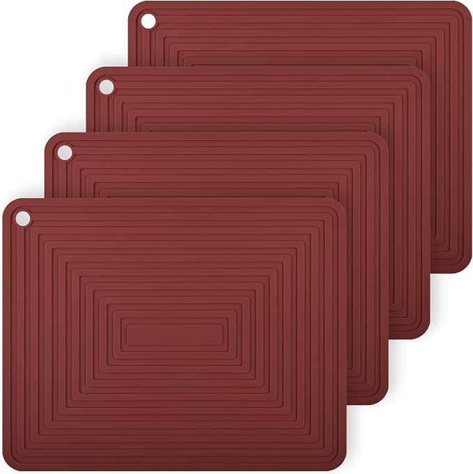 Silicone Trivets for Hot Dishes Pots and Pans, Red Hot Pads for Kitchen Table, Heat Resistant Mat for Quartz Counter, Multi-Purpose Trivet Mat, Flexible Silicone Pot Holders Mats Set 4