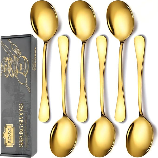 Stainless Steel Serving Spoons Set, 6pc, 10-Inch, Includes 6 Large Spoons, for Parties/Kitchen/Buffet/Catering, Dishwasher Safe, Gold