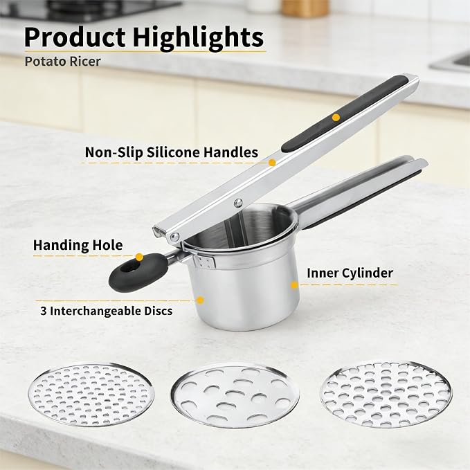 Heavy Duty Stainless Steel Potatoes Ricer and Potato Smasher - Professional Grade Kitchen Tool for Mashing Potatoes, Vegetables & Fruits - Large Capacity Press with Ergonomic Soft Grip Handles