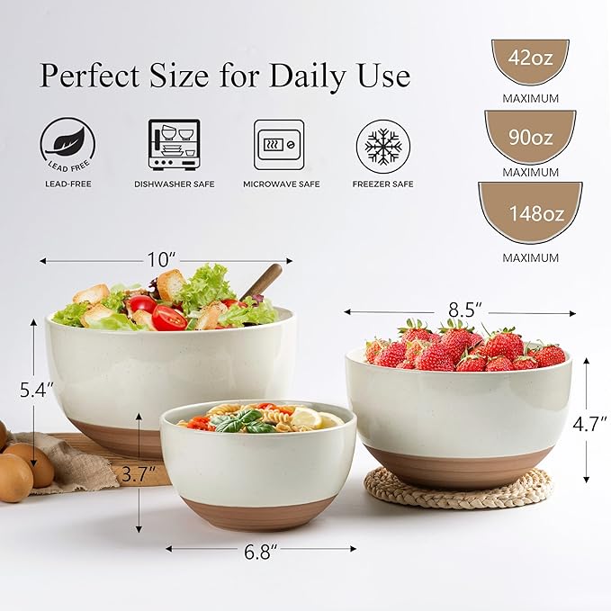 AmorArc Ceramic Mixing Bowls,Stoneware Nesting Bowls Set of 3 for Kitchen | Serving Bowls with Rustic Terracotta Underside for Mixing,Cooking,Baking,Salad,Microwave&Dishwasher Safe 4.6/2.8/1.3 Qt-Beige