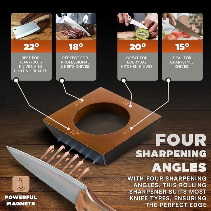 Rolling Knife Sharpener Kit – Cylindrical 360° Even-Edge Sharpening, 4 Angles (15°/17°/20°/22°), 3-Stage 360 Diamond, 1000 Ceramic & 600 Corundum Discs – Professional Kitchen Knife Sharpening System