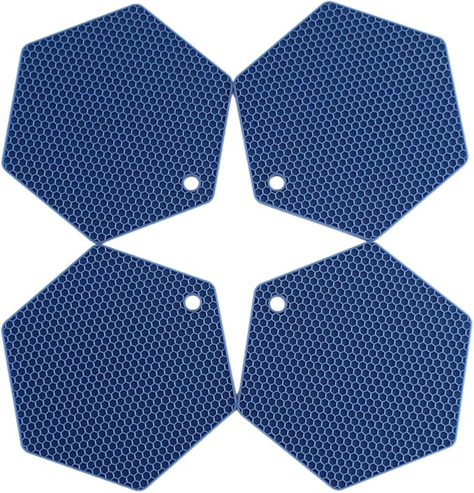 4 Packed Silicone Trivet Mats - DIY Different Size Dish Drying Mat, Hot Pot Holder for Pots & Pans, Non-Slip & Heat Resistant Kitchen Hot Pads for Countertops & Table, Navy Blue