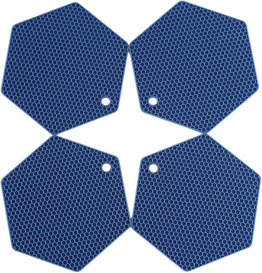4 Packed Silicone Trivet Mats - DIY Different Size Dish Drying Mat, Hot Pot Holder for Pots & Pans, Non-Slip & Heat Resistant Kitchen Hot Pads for Countertops & Table, Navy Blue