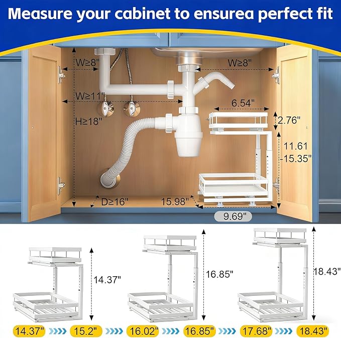 2-Tier Metal L-Shaped Pull-Out Under Sink Organizer, White, 1 Pack | 1 complete set; ball-bearing slides; 6-level height; no-drill setup