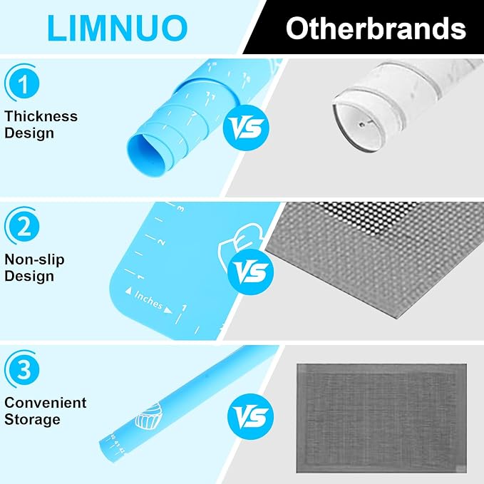 LIMNUO Silicone Baking Mat, Extra Thick Large Non Stick Pastry Mat Sheet for Dough Pie Crust Rolling Mats (Blue, L-16''(W)*24''(L))