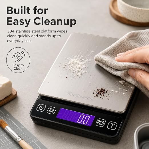 KitchenTour Digital Kitchen Gram Scale - 3000g/0.1g - High Accuracy Precision Food Scale with 9 Units(g/oz/ml/lb/lb:oz/gn/ozt/DWT/ct) - Meat Scale with Back-Lit LCD Display(Batteries Included)