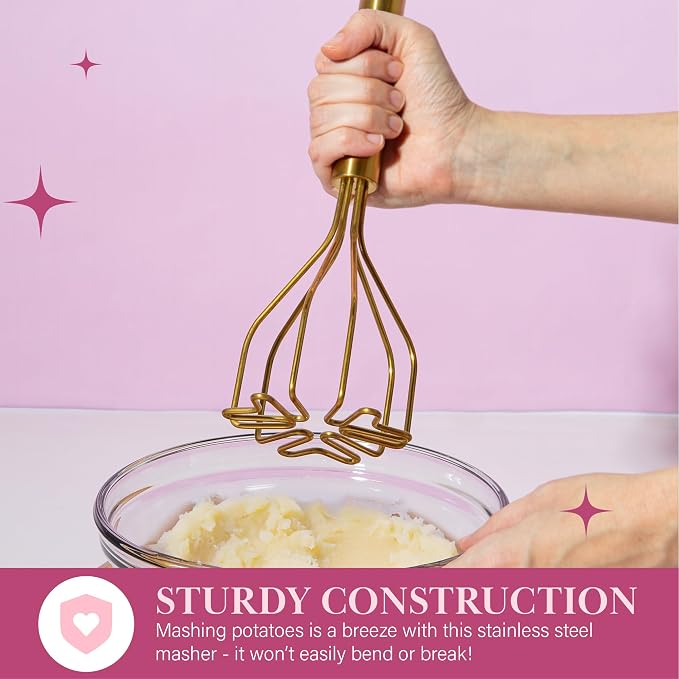 Paris Hilton Potato Masher, Durable Stainless Steel Construction with Heart-Shaped Wire Design, Dishwasher Safe, Pink