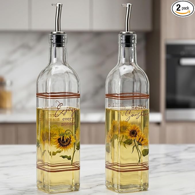 Topadorn 2-Pack 17oz Glass Olive Oil Dispenser Bottles with Stainless Steel Spout, Leak Proof Oil Dispenser Set, Folk Sunflower Rustic Kitchen Decor for Countertop & Cooking