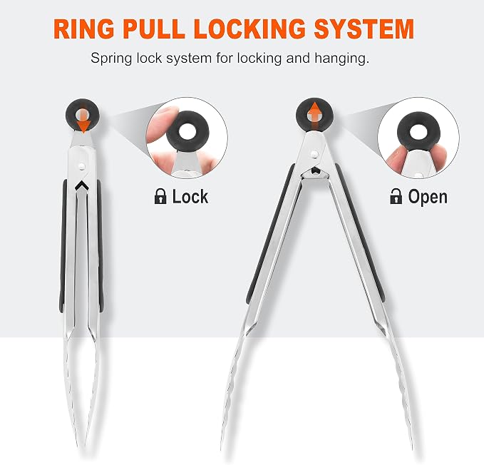 Anaeat Stainless Steel Locking Tong Set of 3 - Premium 7, 9 and 12 inch Kitchen Food Tongs with Non-Slip Silicone Tips and Grip for Serving, Cooking, Baking and BBQ - Heavy Duty & Heat Resistant