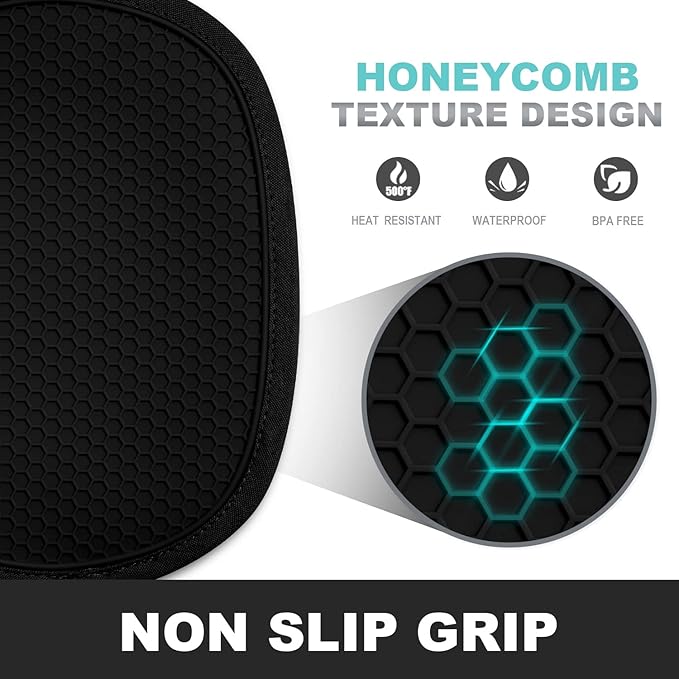 RORECAY 2-Pack Silicone Pot Holders for Kitchen, Hot Pad with Pocket, Black | Heat Resistant up to 500°F, Quilted Cotton Potholders, Non-Slip & Waterproof Trivets for Hot Pots, Pans, and Countertops