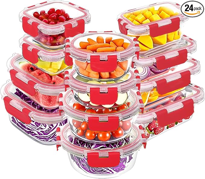 VERONES 12 Packs Glass Food Storage Containers Set with Lids, Red | Airtight Glass Lunch Containers, Glass Meal Prep Containers with Lids, for Microwave, Oven, Freezer & Dishwasher Friendly