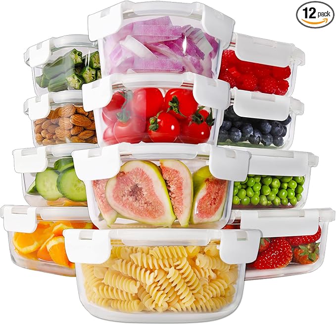 HOMBERKING 24pc Borosilicate Glass Food Storage Containers with Lids, Glass Meal Prep Containers with Leak Proof Snap Lock, Airtight Bento Lunch Boxes, Kitchen Storage (12 lids & 12 Containers)-White