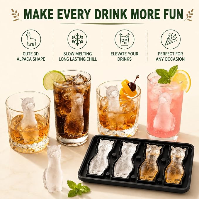 Alpaca Ice Cube Tray Mold - Cute Fun Whiskey Ice Molds Gifts for Women Men | 3D Alpaca Shape Cute Ice Molds for Whiskey Bourbon, 4-Hole Large Fun Shapes Funny Gifts, for Animals Lovers Women Men