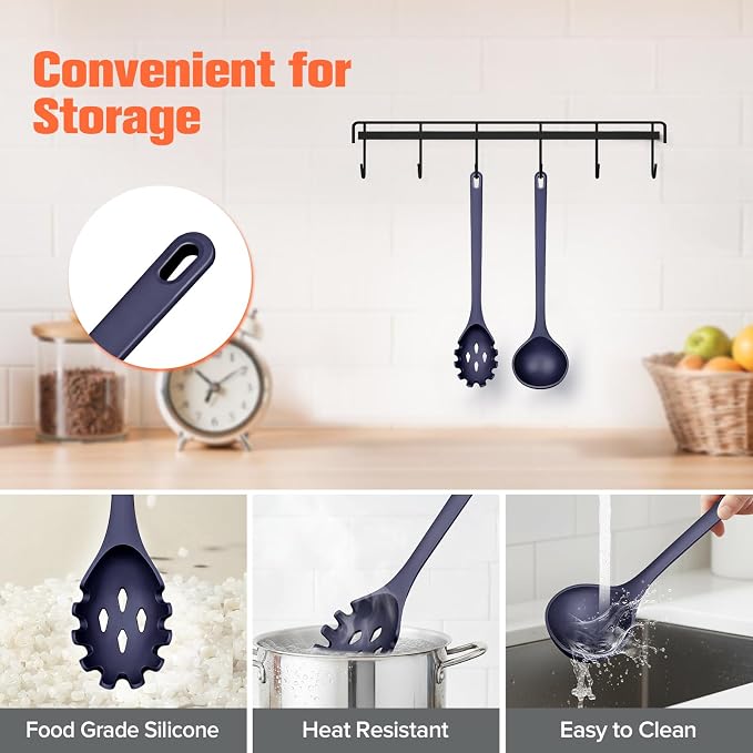Silicone Spaghetti Spoon&Soup Ladle Cooking Utensils Set of 2,No Scratch for Nonstick Cookware,BPA Free, 450℉ Heat Resistant (BLUE)