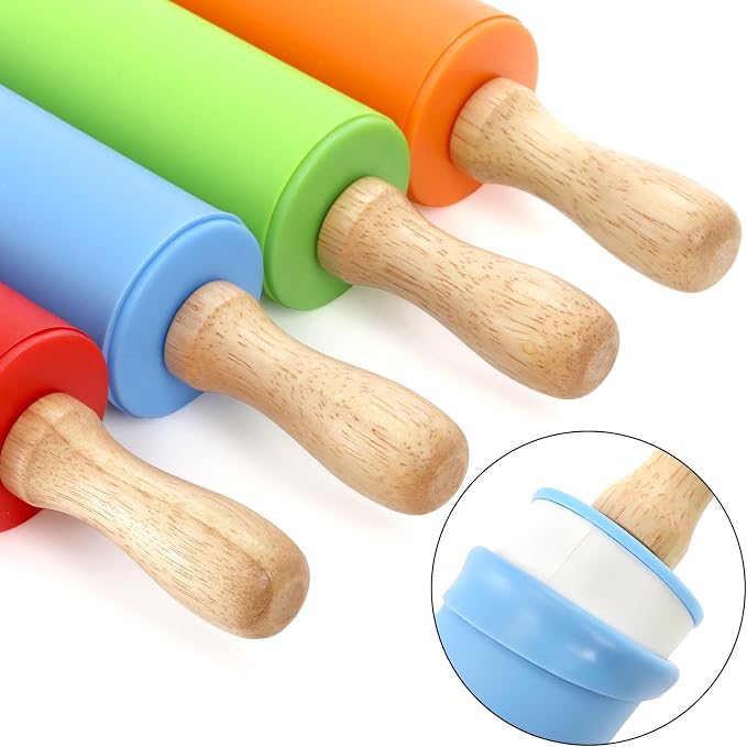 SOUJOY 8 Pack Mini Rolling Pin, 9 Inch Small Dough Roller with Wood Handle, Silicone Dough Rolling Pin for Kids Craft Kitchen Dough Cookie Pastry Fondant Cake, 4 Colors