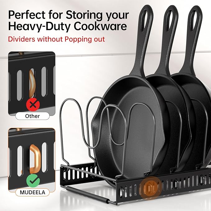 MUDEELA Expandable Pot Pan Lid Organizers inside Cabinet, 12 Divider-Black | Expandable 11.8–22.9", 12 Adjustable Divider, Tool-Free Assembly, Non-Slip, Scratch-Proof, For Pan Lid Cutting Board Bakeware