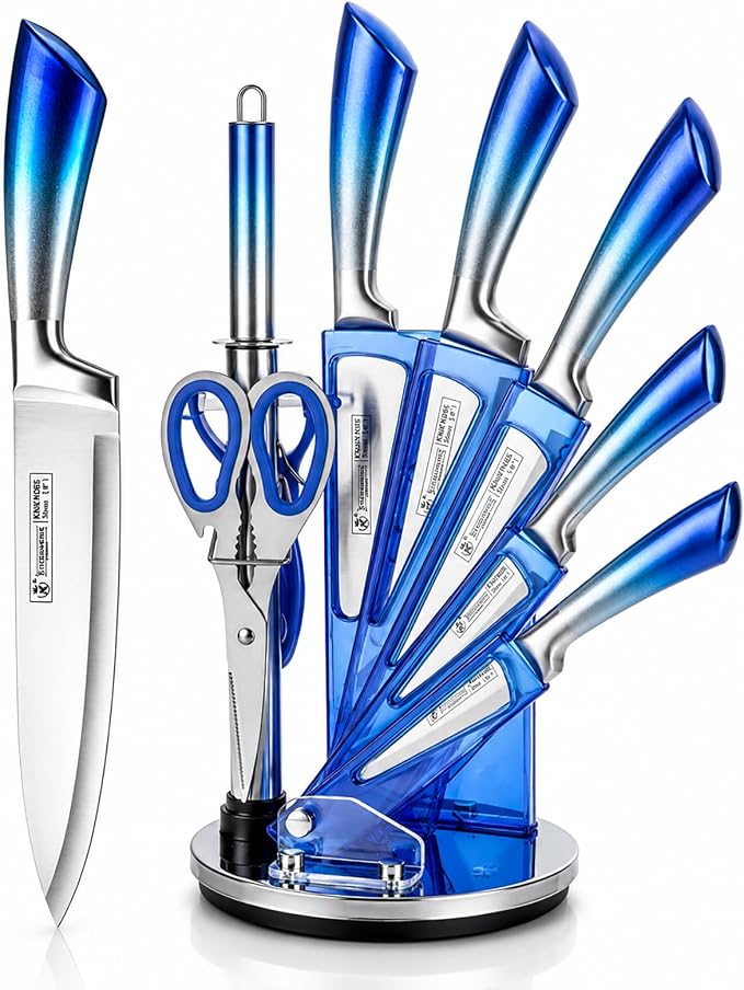 Kitchen Knife Set, 9Pcs Blue Knife Set with Rotation Block, Ergonomical Handle,Non Stick Sharp Stainless Steel Chef Knife Block Set for Home Cooking Gift