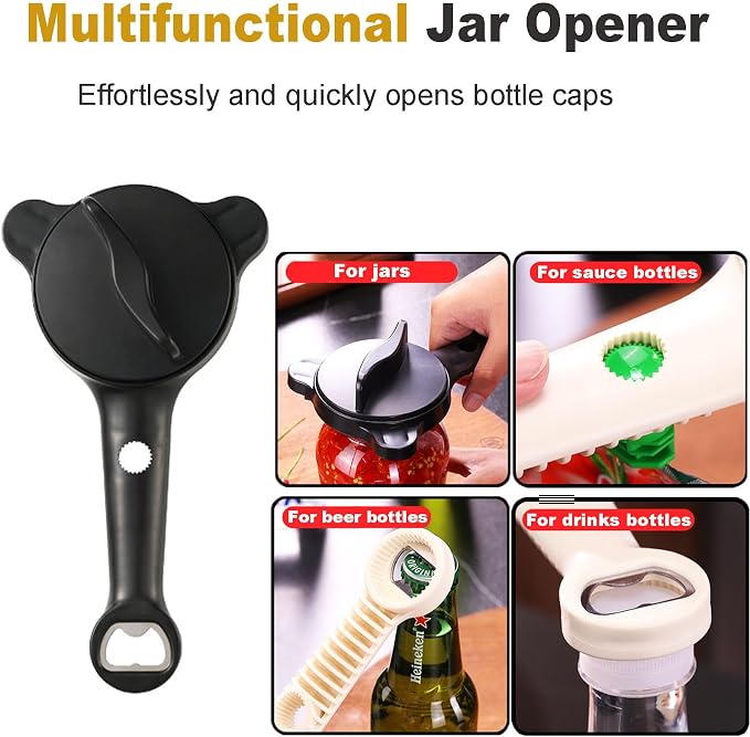 4-in-1 Multi-Functional Retractable Jar & Bottle Opener, Adjustable Stainless Steel Jar Opener for Seniors & Arthritis Sufferers,Suitable for 1''-3.5'' Jars, Bottles, Cans,Beer Caps (Black)