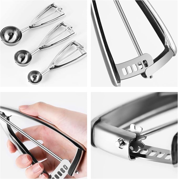 Ecowin Cookie Scoop Set Ice Cream Scoops, 3 PCS Thick Stainless Steel Ice Cream Scoop with Trigger Release, Cookie Scooper for Baking, Free Piping Bag and Tips Cake Decorating, Easy to Clean