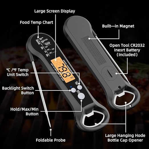 Instant Read Meat Thermometer for Grill and BBQ, Black | Fast Accuracy Digital, Backlight & Waterproof, For Cooking, Baking, Fish, Liquids, Lamb, Chicken