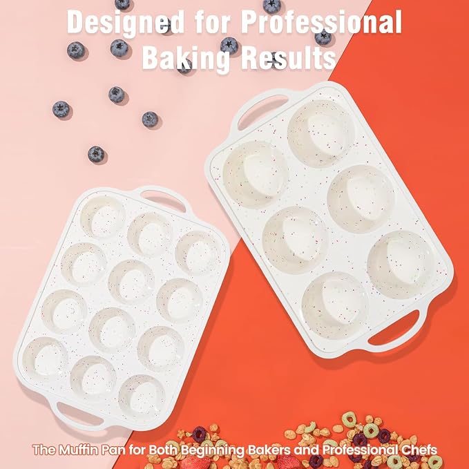 Silicone Muffin Pan with Metal Reinforced Frame - Mini Muffin Pan for Homemade Muffins, Cupcakes, and Bread, Oven and Dishwasher Safe - Set of 2, 6-Cup and 12-Cup