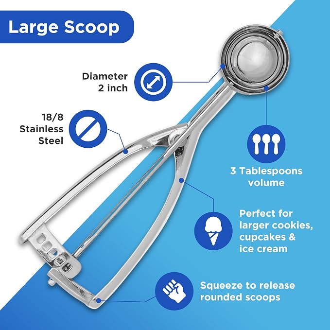 Jenaluca Large Ice Cream Scoop, 18/8 Stainless Steel, 3 Tbsp, Size #24 | Disher for ice cream, 3-inch cookies & cupcake batter. Squeeze-release handle. Right and left handed use. Dishwasher safe.