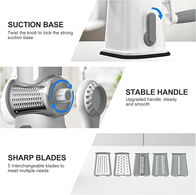 Ourokhome Rotary Cheese Grater Cheese Shredder with 5 Interchangeable Blades, Rotary Grater with Non-slip Suction Base Hand Crank Slicer for Vegetable Nuts White