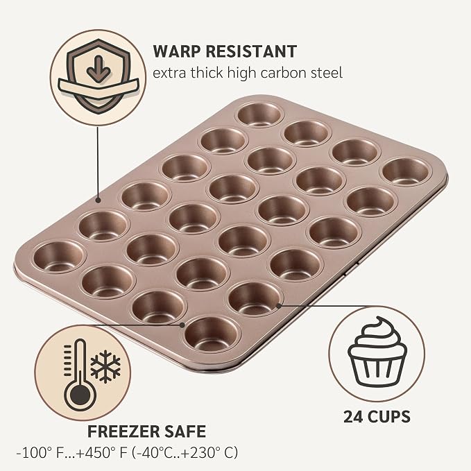 24 Cup Mini Muffin Pan Nonstick, PFOA & BPA Free | | Non-Toxic - High Carbon Steel - Gold - Small Cupcake Tin for Oven Baking