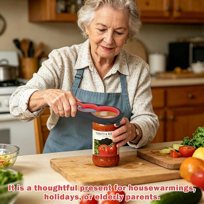 Jar Opener Set for Seniors, Arthritis, Weak Hands (Red&Black) | 6-in-1 Adjustable Jar Opener Can Opener, 4-in-1 Bottle Opener Lid Opener & Rubber Jar Gripper, Multifunctional Kitchen Gadget