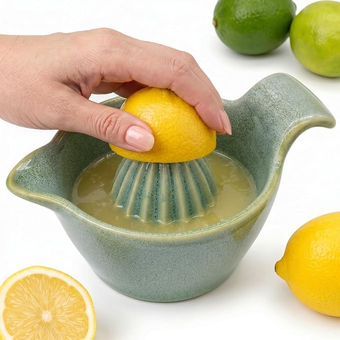 4 inch Ceramic Lemon Squeezer-Manual Citrus Juicer with Handle and Easy Pour Spout for Lemon,Orange, Lime&Grapefruit-Easy to Clean Hand Press Juicer,Microwave&Dishwasher Safe,Lead-Free (Green)
