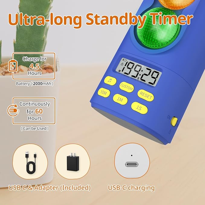 Traffic Light Visual Timer&ADHD Tool for Kids Adults Display Volume Adjustment, with 4 Ringtones for Classroom Desk Home Kitchen Game Countdown Pause Memory Function Charger Type C (Blue)