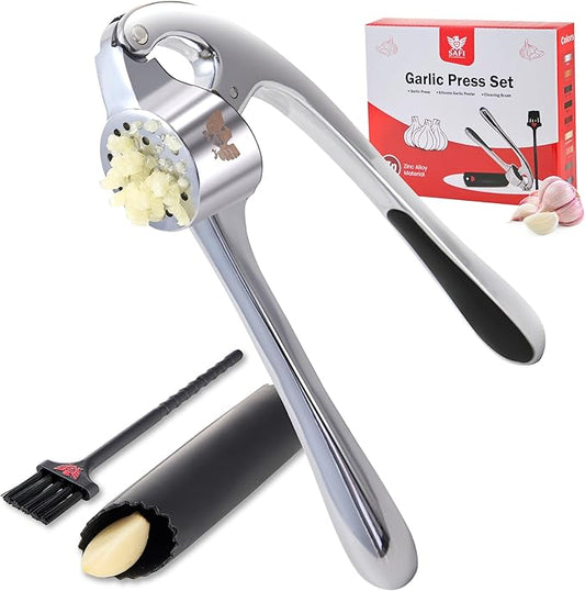 SAFI Garlic Press Set - Premium Zinc Alloy Garlic Mincer Efficient Garlic Crusher & Presser Heavy-Duty Rust-Proof Garlic Masher Kitchen Tool With Garlic Peeler & Brush Home & Kitchen Essential Gadgets